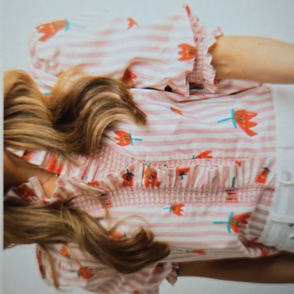 Karlie Poppy Stripe Puff Sleeve Ruffle Button Up Top Pink White Red M EUC - Picture 2 of 11